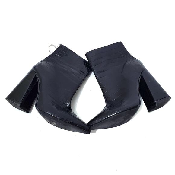 Fashion Nova | Cheryl Patent Leather Textured Reptile Chunky Heel Booties - Picture 3 of 11